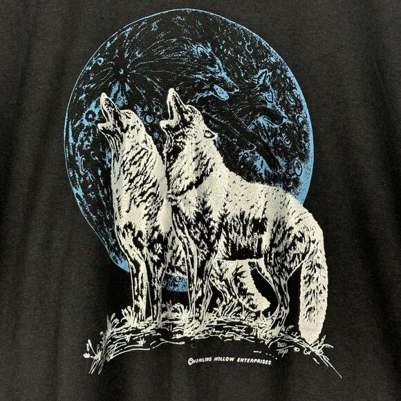 VINTAGE Howling Wolf Men Shirt Large Black Full Moon National Single Stitch - Picture 2 of 6